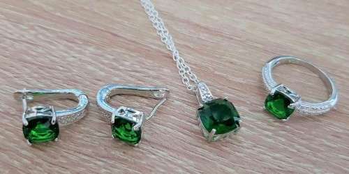 Eve Lurent Green Crystal Sapphire Gem Ring,Earrings & Pendant Set Gold Plated Wedding Ring