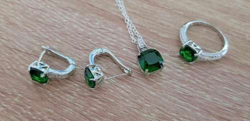 Eve Lurent Green Crystal Sapphire Gem Ring,Earrings & Pendant Set Gold Plated Wedding Ring