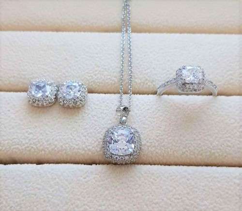 Pavé Halo White Crystal Sapphire Gem Ring,Earrings & Pendant Set