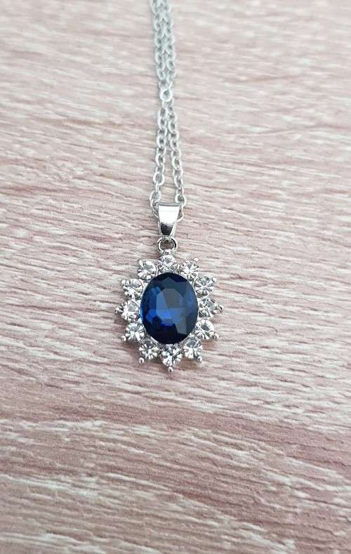Princess Kate Blue Crystal Sapphire Gem Pendant with Chain Gold Plated