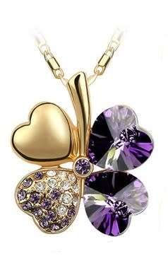 Crystal Purple Clover 4 Leaf leaves heart pendant Jewelry