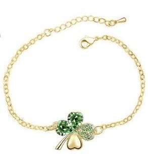 Crystal Green Clover 4 Leaf  heart Bracelet Jewelry