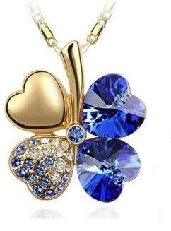 Crystal Blue Clover 4 Leaf leaves heart Pendant,Earrings & Bracelet Jewelry Set