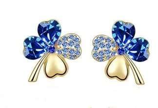 Crystal Blue Clover 4 Leaf leaves heart Pendant,Earrings & Bracelet Jewelry Set