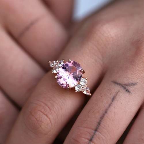 Vintage Promise  Pink Crystal Sapphire Gem  Rose Gold Plated Wedding Ring
