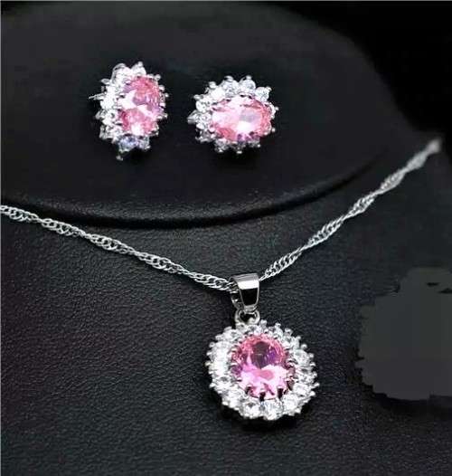 Princess Di Pink Crystal Sapphire Gem ,Earrings and Pendant Set Gold Plated Wedding