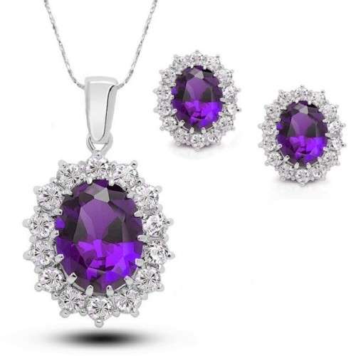 Princess Di Amethyst Crystal Sapphire Gem ,Earrings and Pendant Set Gold Plated Wedding