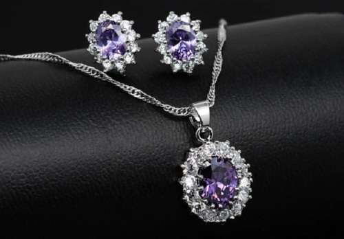 Princess Di Amethyst Crystal Sapphire Gem ,Earrings and Pendant Set Gold Plated Wedding