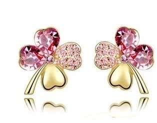 Crystal Pink Clover 4 Leaf  heart Pendant,Earrings and Bracelet Jewelry Set
