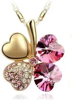 Crystal Pink Clover 4 Leaf  heart Pendant,Earrings and Bracelet Jewelry Set