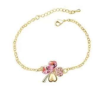 Crystal Pink Clover 4 Leaf  heart Pendant,Earrings and Bracelet Jewelry Set