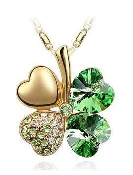 Crystal Green Clover 4 Leaf  heart Pendant,Earrings and Bracelet Jewelry Set