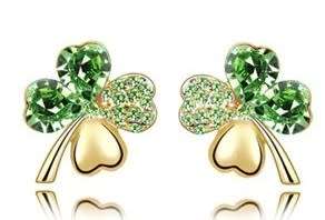 Crystal Green Clover 4 Leaf  heart Pendant,Earrings and Bracelet Jewelry Set