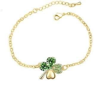 Crystal Green Clover 4 Leaf  heart Pendant,Earrings and Bracelet Jewelry Set