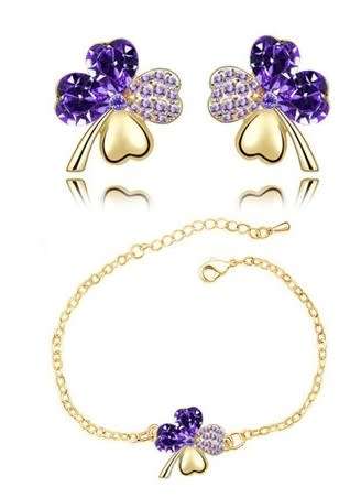Crystal Purple Clover 4 Leaf  heart Pendant,Earrings and Bracelet Jewelry Set