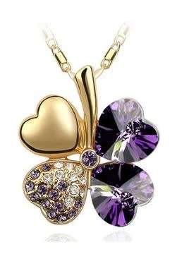 Crystal Purple Clover 4 Leaf  heart Pendant,Earrings and Bracelet Jewelry Set