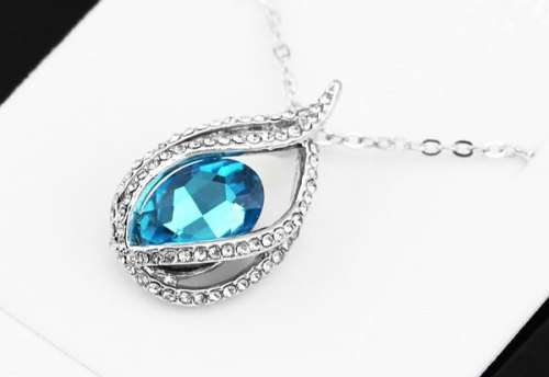 Crystal Flame Ocean Blue Water Tear pendant necklace  and earrings fashion jewelry set