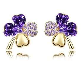 Crystal Purple Clover 4 Leaf  heart Earrings Jewelry