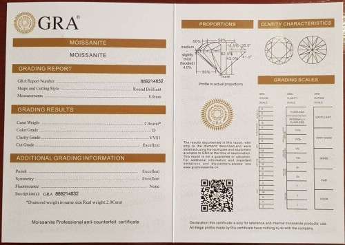 Certified Moissanite 2 carat  D/VVSI 8mm Round Brilliant cut