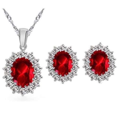 Princess Di Red Crystal Sapphire Gem Ring,Earrings and Pendant Set Gold Plated Wedding Ring