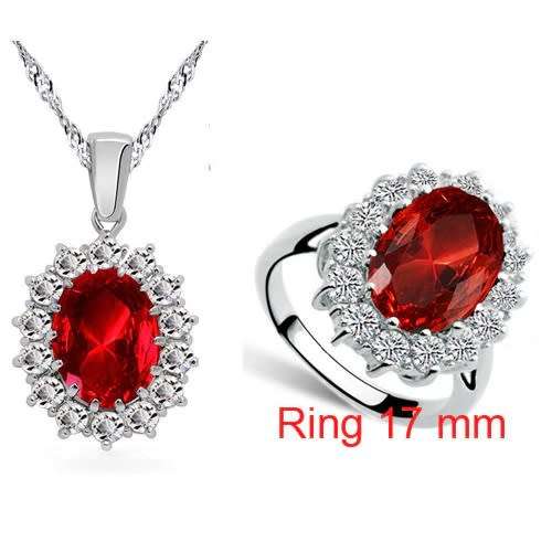 Princess Di Red Crystal Sapphire Gem Ring,Earrings and Pendant Set Gold Plated Wedding Ring