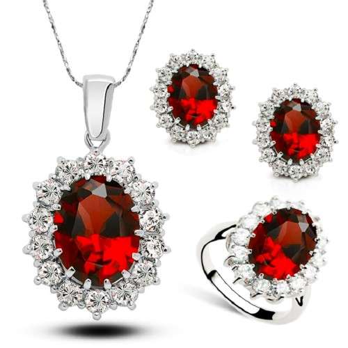 Princess Di Red Crystal Sapphire Gem Ring,Earrings and Pendant Set Gold Plated Wedding Ring