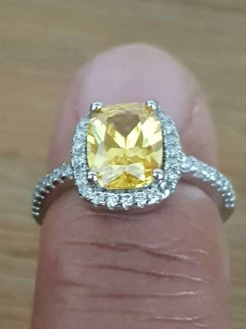 Lady Ann Citrine Yellow Cushion Cut Crystal  Ring for Women **925 Sterling Silver**