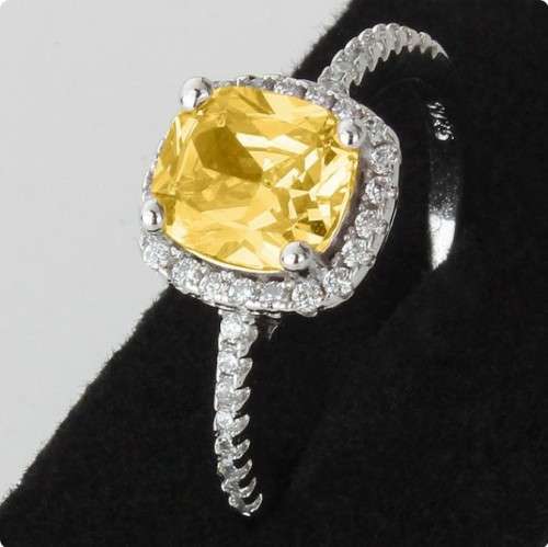 Lady Ann Cushion Cut Yellow Crystal  Ring for Women **925 Sterling Silver**