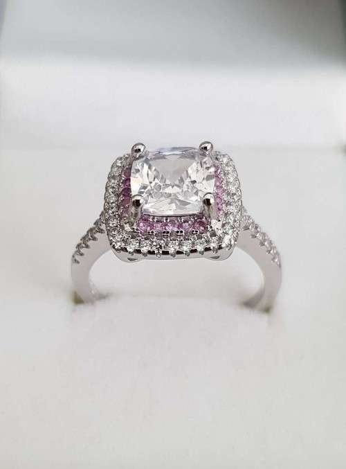 Victoria Wieck Luxury Square Bridal Ring  Encrusted with Pink & White Stones 925 Sterling Silver