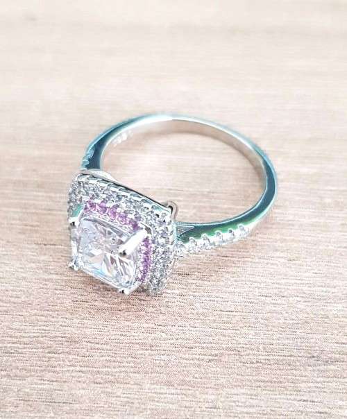 Victoria Wieck Luxury Square Bridal Ring  Encrusted with Pink & White Stones 925 Sterling Silver