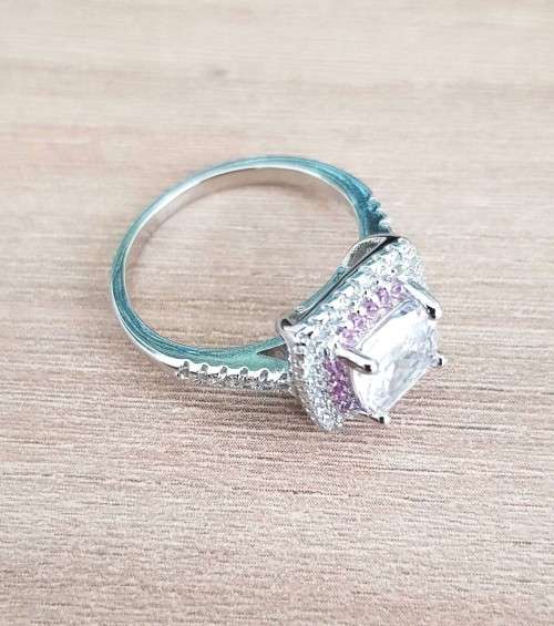 Victoria Wieck Luxury Square Bridal Ring  Encrusted with Pink & White Stones 925 Sterling Silver