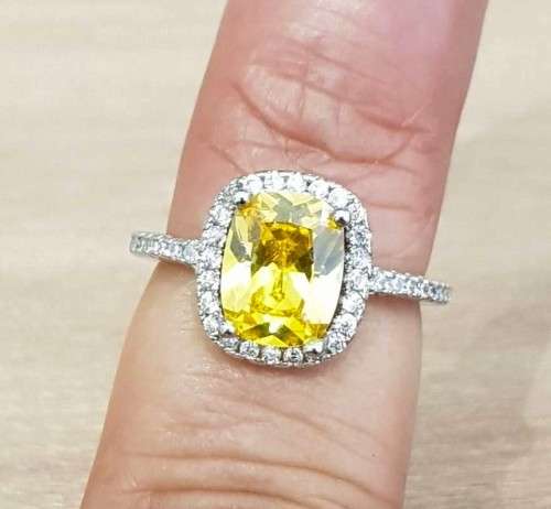 Lady Ann Cushion Cut Yellow Crystal  Ring for Women **925 Sterling Silver**