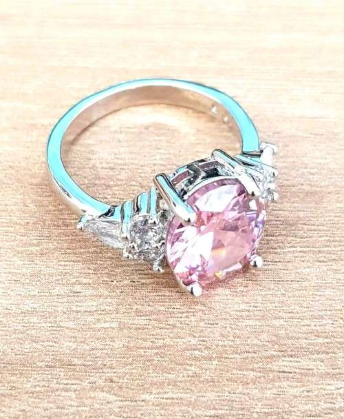 Elegant Pink Oval Crystal Ring with side stones Silver