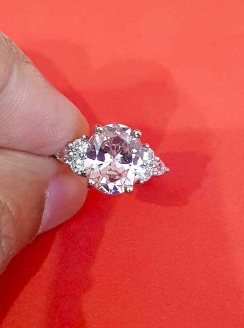 Elegant Pink Oval Crystal Ring with side stones Silver