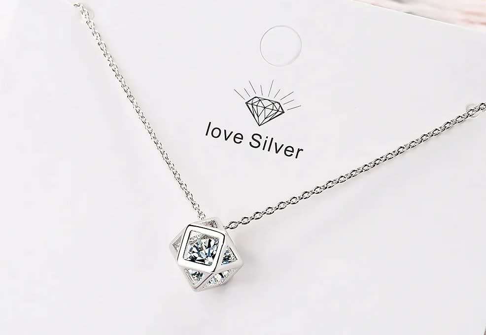 Collarbone Chain Rubik`s Cube Zircon Pendant Necklace 925 Sterling Silver
