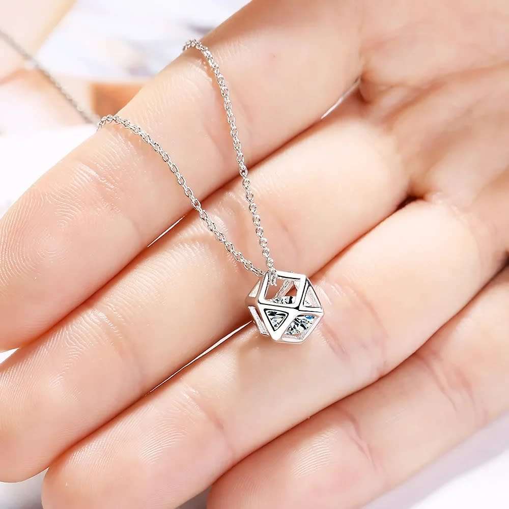 Collarbone Chain Rubik`s Cube Zircon Pendant Necklace 925 Sterling Silver