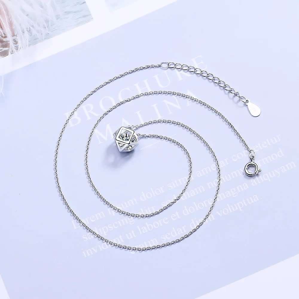 Collarbone Chain Rubik`s Cube Zircon Pendant Necklace 925 Sterling Silver