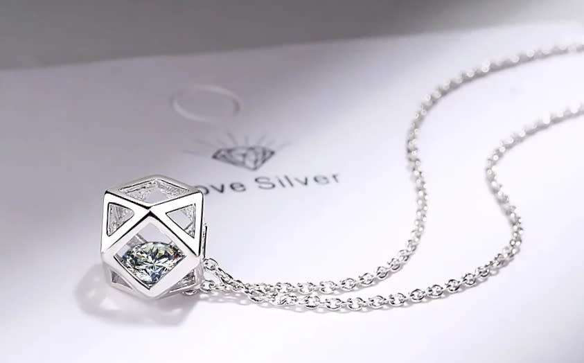 Collarbone Chain Rubik`s Cube Zircon Pendant Necklace 925 Sterling Silver