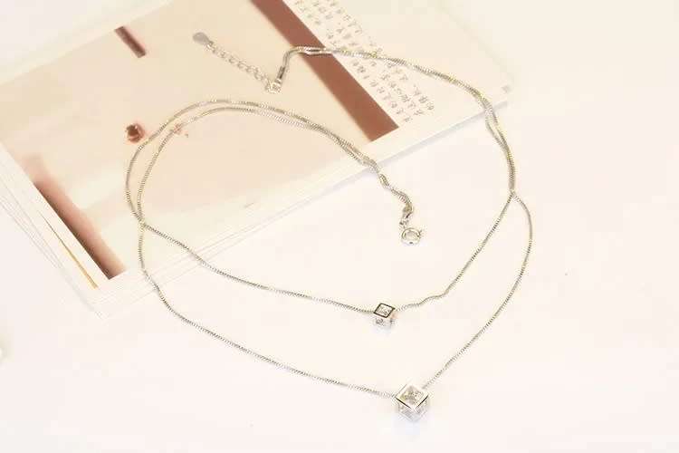 Love Cube Pendant Double-Layer Clavicle Chain Pendant Necklace 925 Sterling Silver