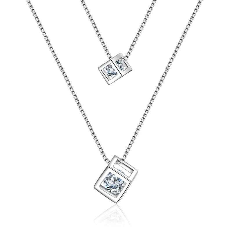 Love Cube Pendant Double-Layer Clavicle Chain Pendant Necklace 925 Sterling Silver