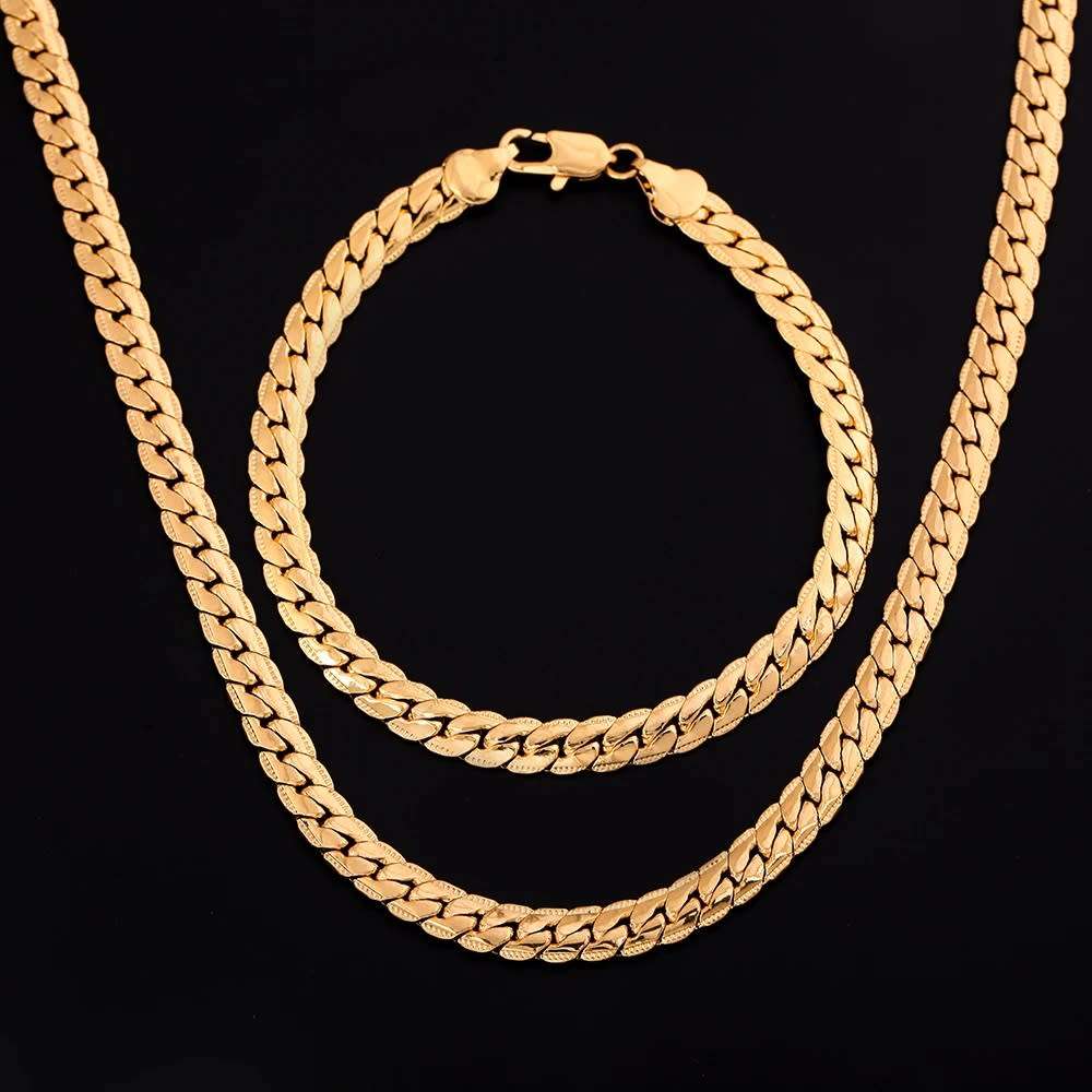 Virola Link Neck Chain & Bracelet Fashion  Jewellery Set 6mm 18k Gold Plated