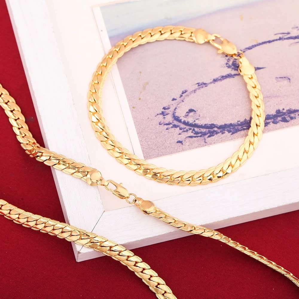 Virola Link Neck Chain & Bracelet Fashion  Jewellery Set 6mm 18k Gold Plated