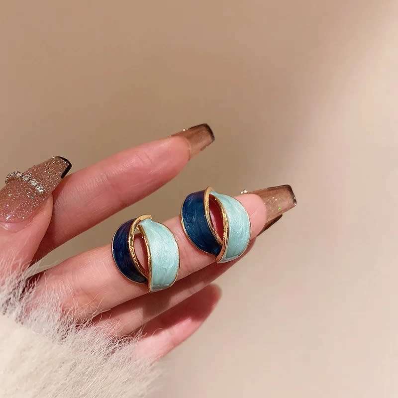 Double Arc Cross Enamel Blue Geometric Earring  Contrast Colour  Women Jewellery