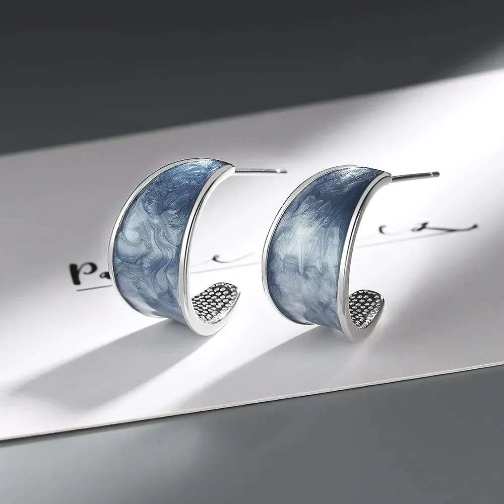 Light Blue Drip Oil  Enamel Geometric Stud Earrings Women Jewellery 925 Silver