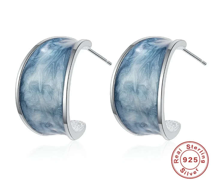 Light Blue Drip Oil  Enamel Geometric Stud Earrings Women Jewellery 925 Silver