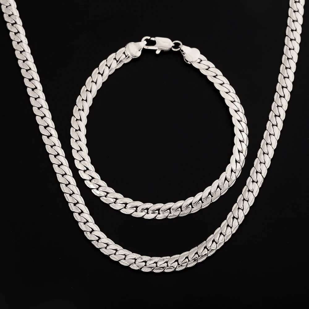 Virola Link Neck Chain & Bracelet  Jewellery Set 6mm 18k Plated