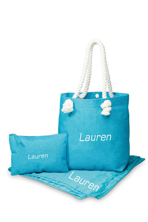 Beautiful personalized bag set.  Blue, pink or brown.  Your name or logo on all 3 products included!