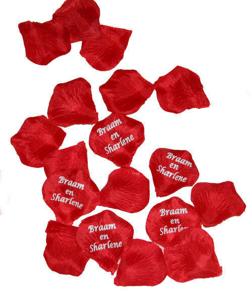 Personalized fabric flower petals.  Bride and groom's name on the petal
