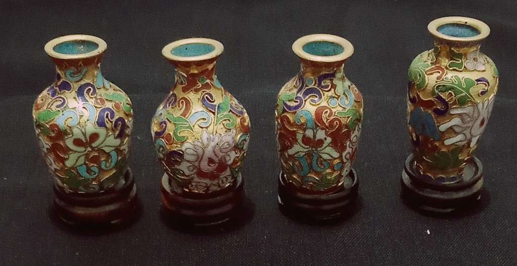Mini Chinese Vintage Cloisonne Vases, Set of 4, Brass Flower Vases with Wood Bases, Small Cloisonne