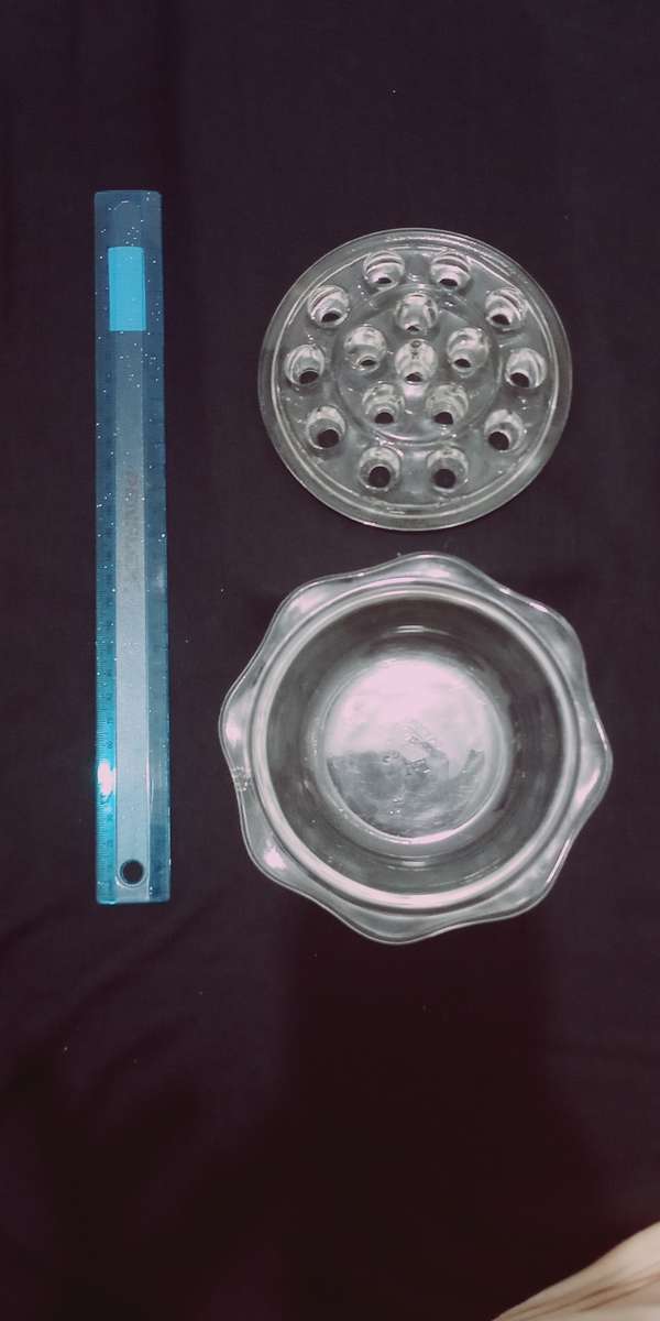 Rare combination Vintage 16 Hole Flower Frog with Glass Bowl. Bowl made in England Rare item